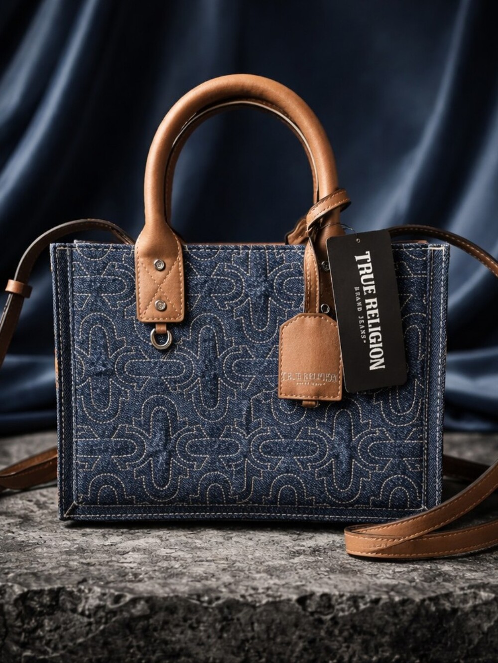 True Religion Blue Denim Satchel with Brown Leather Trim